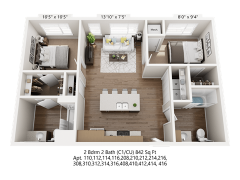 Floor plan for 2 beds, 2 baths, 842 sqft